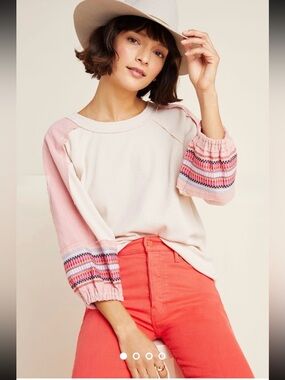 New: Easel Ribbed Raglan Contrasting Mixed Print Cuff Sleeve Boho Top• Small